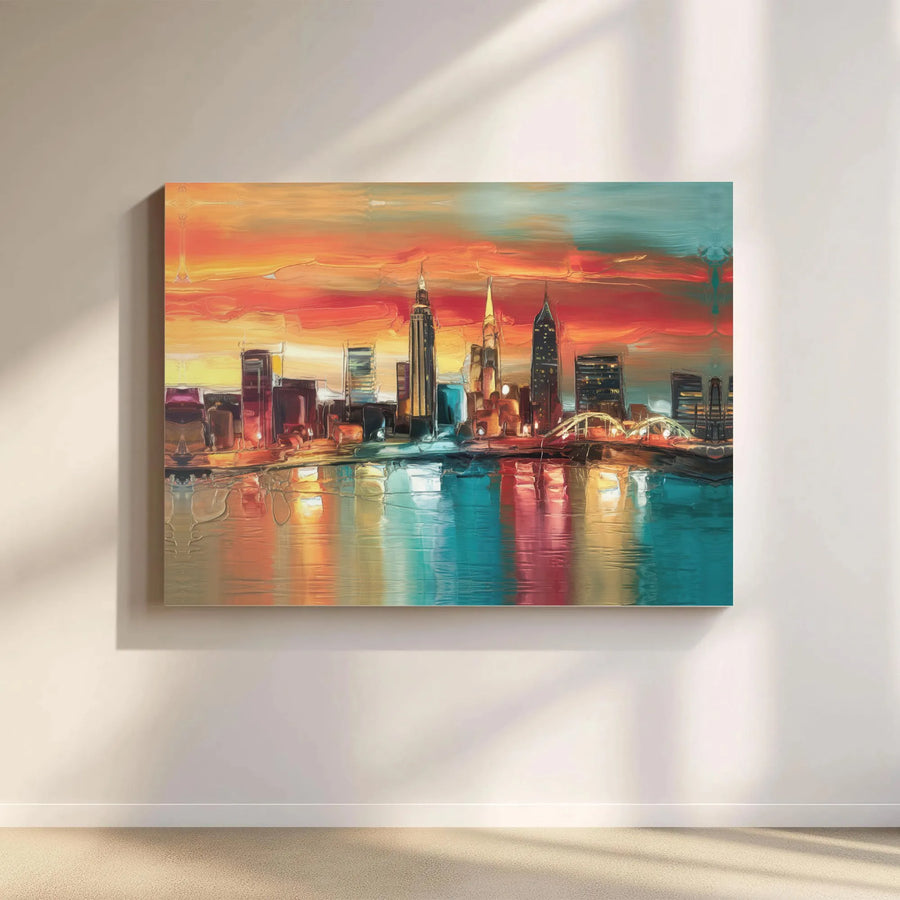 Abstract Cityscape Canvas Wall Art | Textured Paint Effect Sunset Skyline Print | Premium Gallery Wrapped Canvas | Modern Home Office Decor Gift