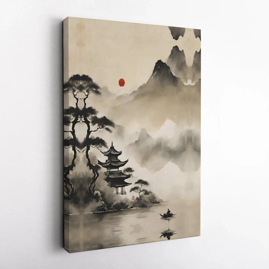 Japanese Pagoda Canvas Wall Art | Sumi-E Mountain Landscape with Red Sun | Premium Gallery Wrap Print | Zen Home Office Decor