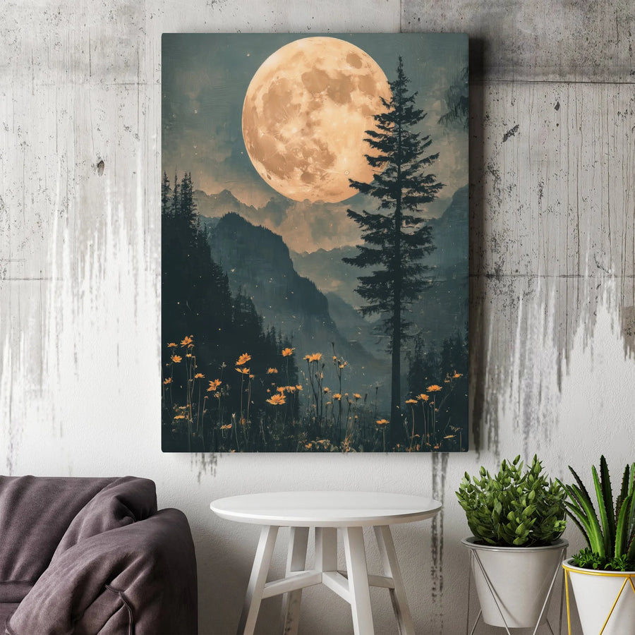 Full Moon Forest Vertical Canvas Wall Art | Moody Mountain Landscape & Wildflowers Print | Premium 1.25” Gallery Wrap | Nature Lover Home Decor Gift