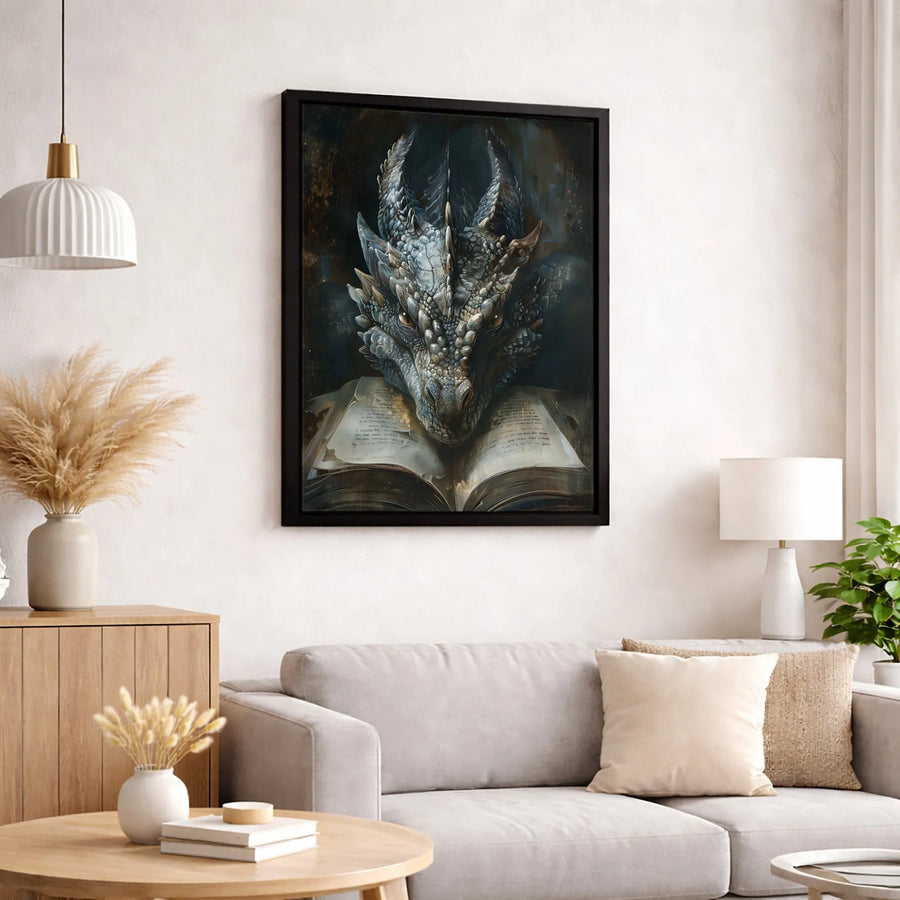 Dragon Reading Book Canvas Wall Art | Dark Fantasy Mythical Creature Decor | Premium Gallery Wrap Print | Unique Gift For Fantasy Readers