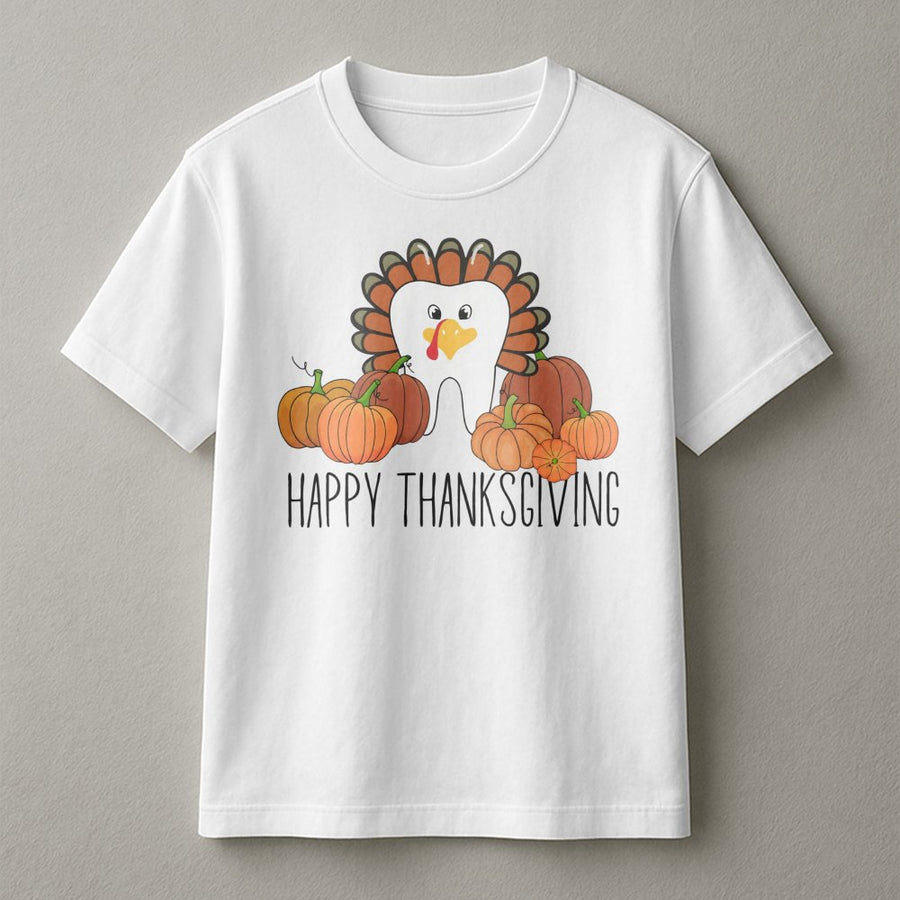 Happy Thanksgiving Tooth T-Shirt | Funny Dental Hygienist Turkey Pumpkin Graphic | 100% Cotton Premium Tee | Dentist Holiday Gift