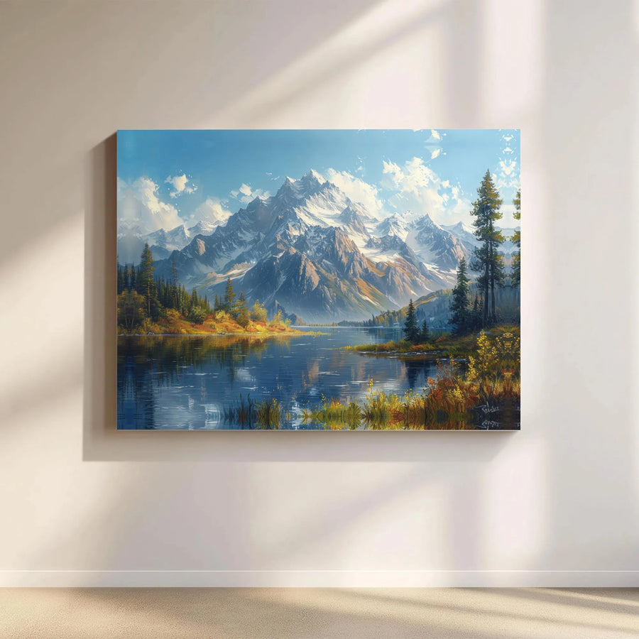 Mountain Lake Canvas Print | Majestic Snowy Peak Landscape Wall Art | Gallery Wrapped Premium Decor | Nature Lover Gift for Office and Living Room