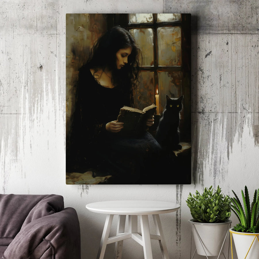 Gothic Witch Reading Book Canvas | Dark Academia Black Cat Decor | Gallery Wrapped Premium Wall Art | Moody Mystery Gift for Book Lovers