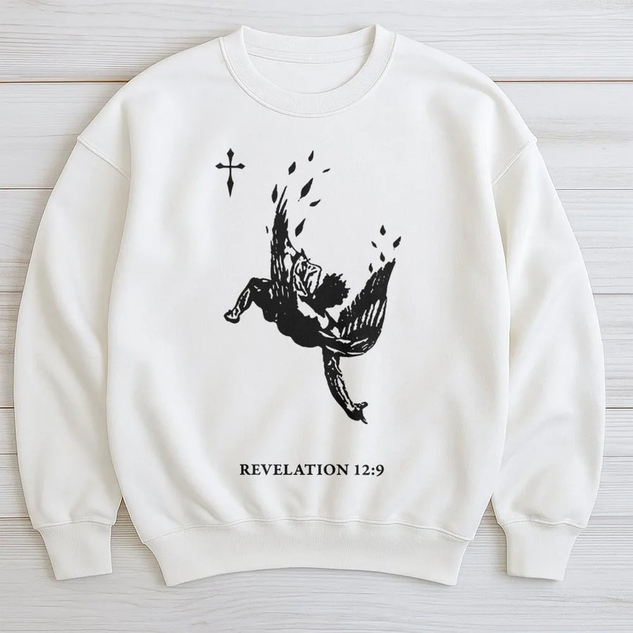Fallen Angel Sweatshirt | Revelation 12:9 Graphic Cross Print | Premium Cotton Blend | Christian Faith Streetwear Gift for Men and Women