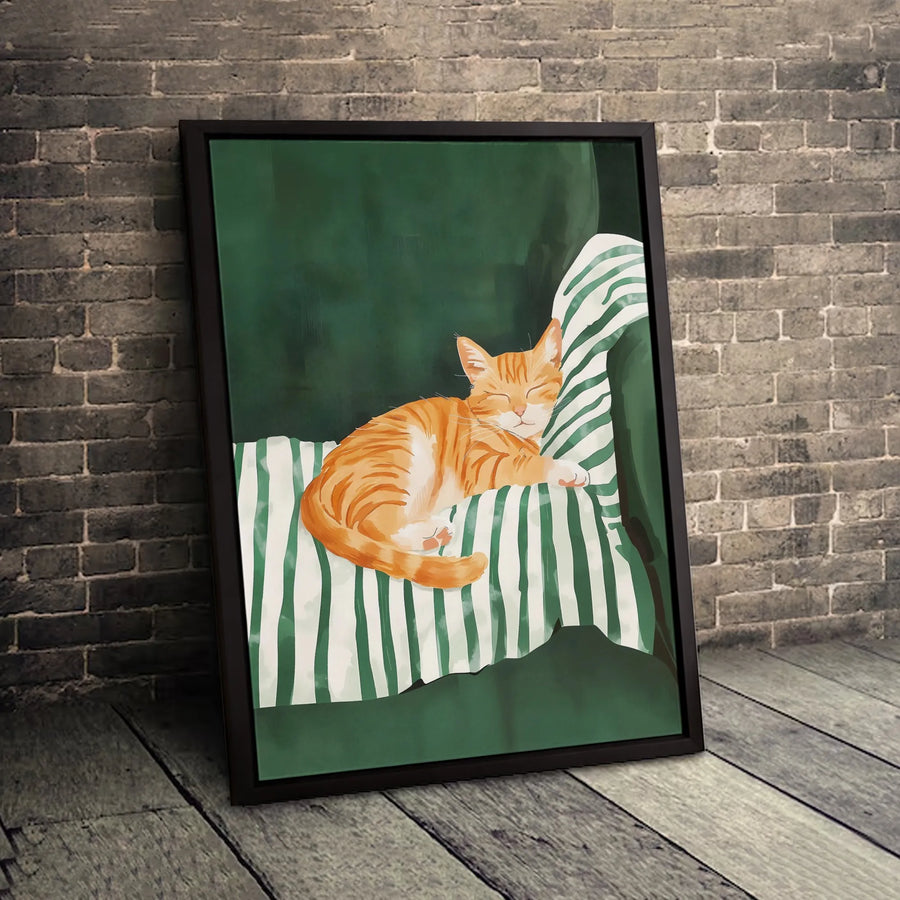 Sleeping Orange Tabby Cat Wall Art | Cozy Botanical Illustration | Premium Gallery Wrapped Canvas | Gift For Cat Lovers And Home Decor Enthusiasts