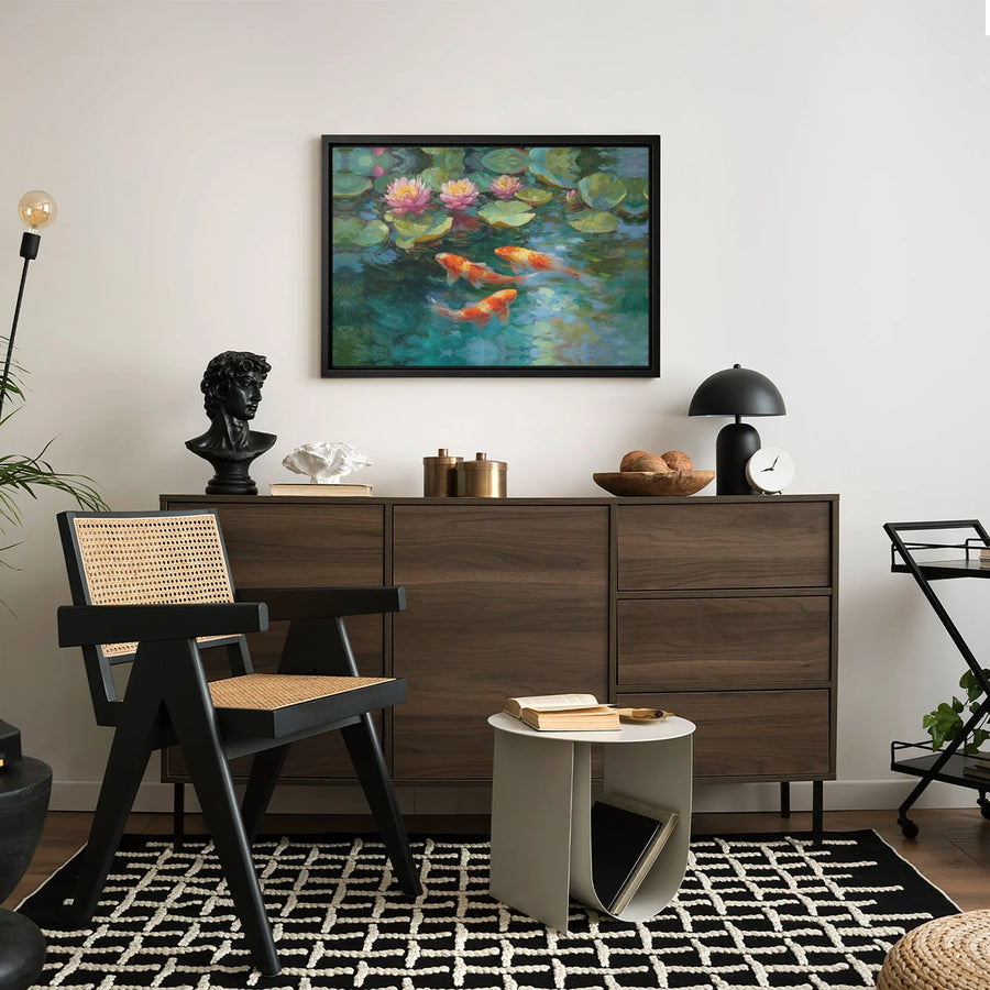Koi Fish Pond Canvas Art | Impressionist Water Lily Painting | Premium Gallery-Wrapped Print | Zen Nature Wall Decor for Home Office