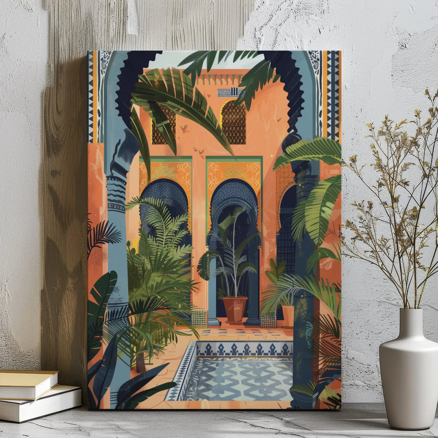 Moroccan Riad Canvas Wall Art | Tropical Courtyard Oasis Illustration | Premium Gallery Wrapped Decor | Bohemian Home Interior Gift