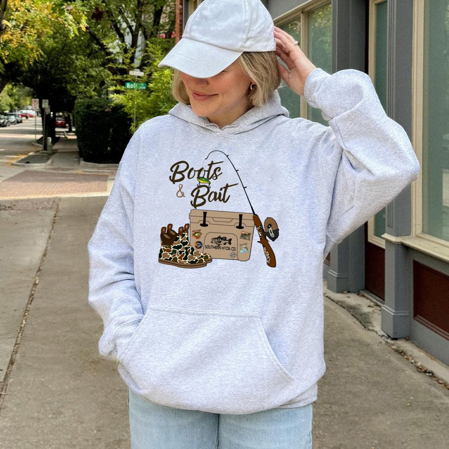 Boots & Bait Fishing Hoodie | Country Western Graphic Pullover | Premium Cotton Blend | Gift For Anglers and Outdoorsmen