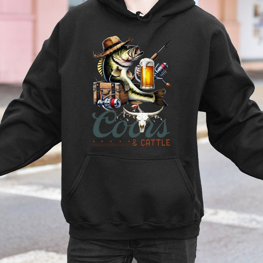 Coors Hoodie, Beer Fishing Hoodie For Men, Coors And Cattle Country Western Hoodie, Bass Fishing Graphic With Cowboy Cattle