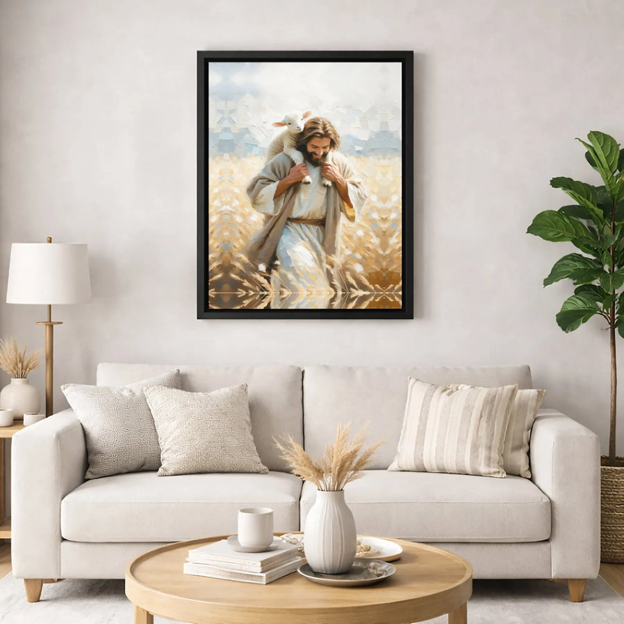 Jesus The Good Shepherd Canvas | Carrying Lost Lamb Religious Art | Premium Gallery Wrapped Print | Christian Home Decor Gift