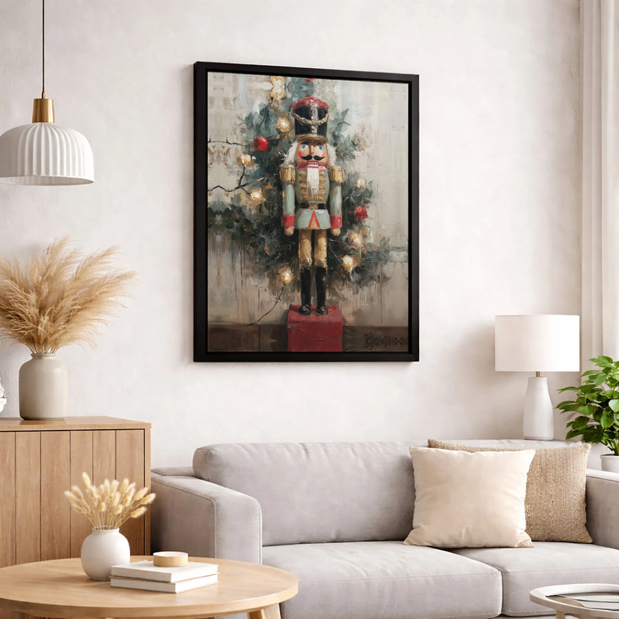Vintage Nutcracker Canvas Wall Art | Christmas Tree With Warm Lights | Premium Fade-Resistant Gallery Wrap | Festive Holiday Decor Gift