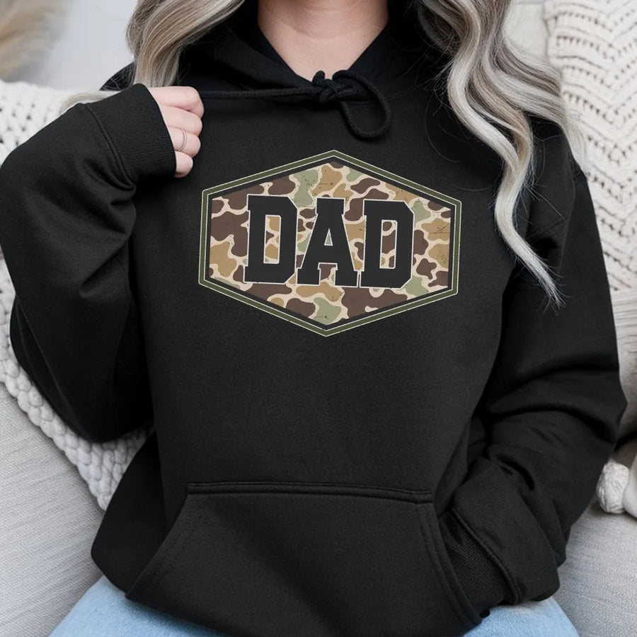 Camo Dad Hoodie | Distressed Varsity Camouflage Graphic | Premium Cotton Tee | Fathers Day Gift for Hunter Dad