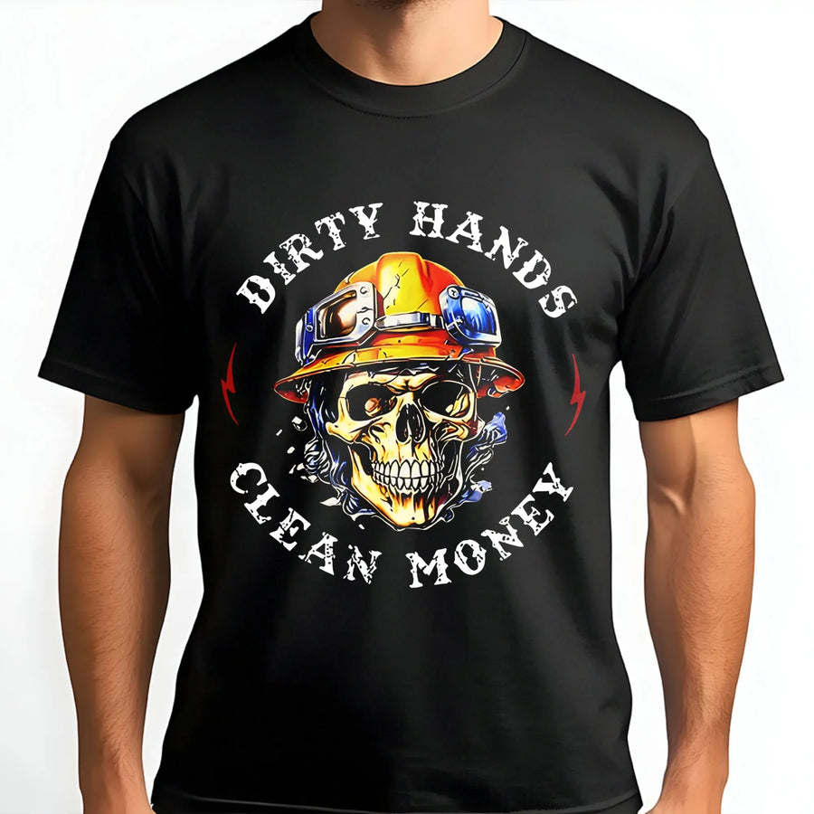 Dirty Hands Clean Money T-Shirt | Skull Hard Hat Graphic Tee | Premium Cotton Workwear | Blue Collar Gift For Construction Workers