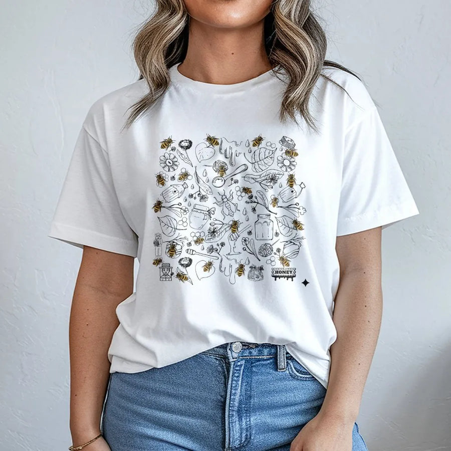 Botanical Bee T-Shirt | Vintage Honeycomb Doodle Print | Soft Cotton Blend Pullover | Gift for Nature Lover