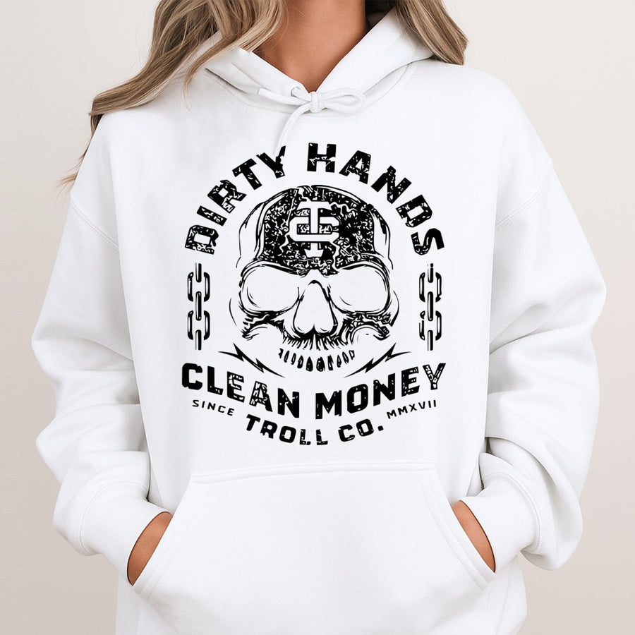 Dirty Hands Clean Money Hoodie | Distressed Skull Graphic Hustle Art | Premium Cotton Blend | Motivational Streetwear Gift For Workers