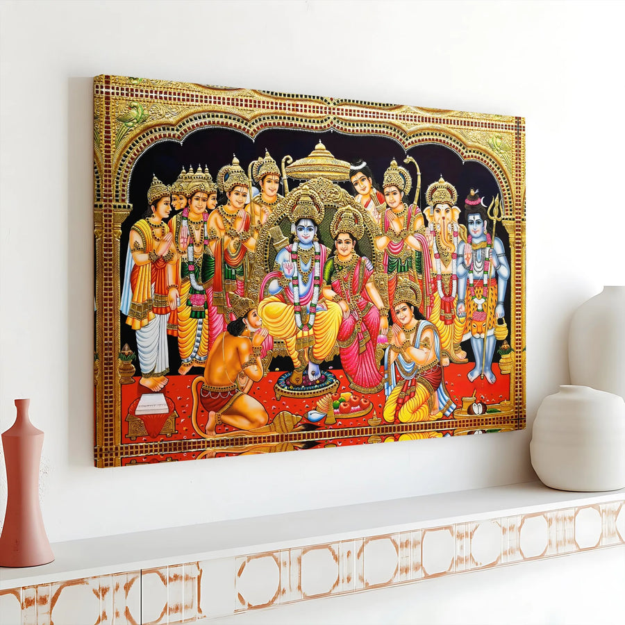 Ram Darbar Canvas Wall Art | Traditional Hindu Gods Painting with Rama Sita | Premium Gallery Canvas | Hindu Home & Pooja Room Decor Gift