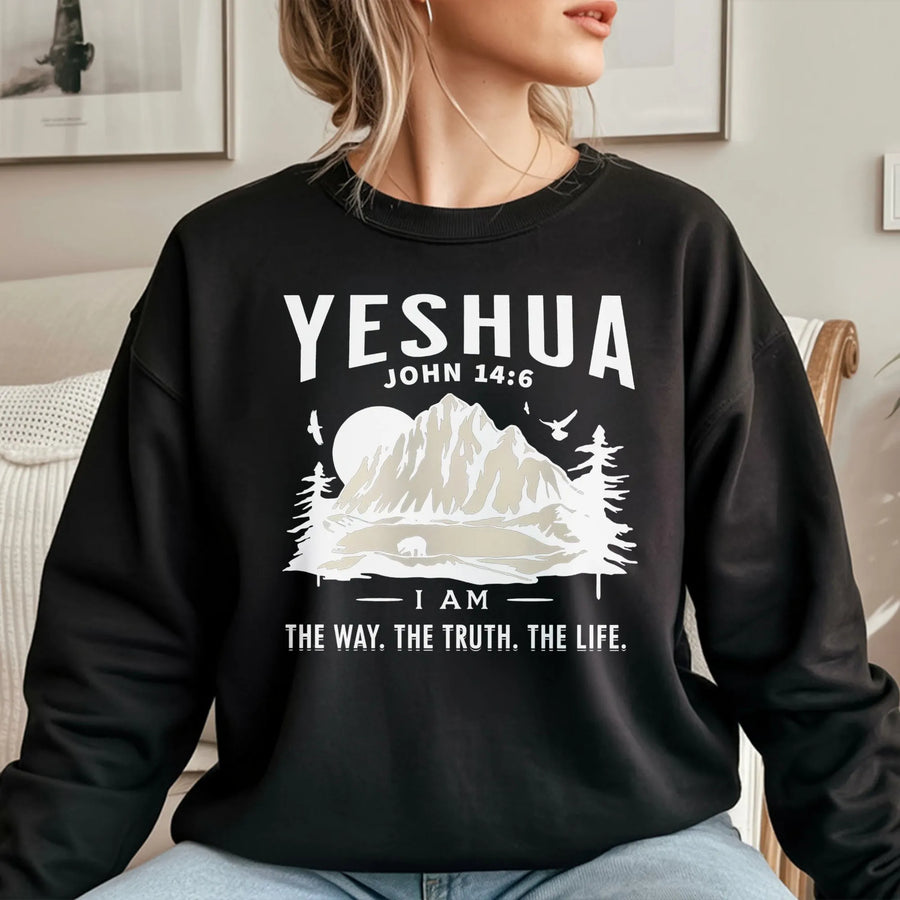 Yeshua John 14:6 Sweatshirt | Mountain Nature Aesthetic Graphic | Premium Cotton Blend | Inspirational Christian Gift for Men and Women