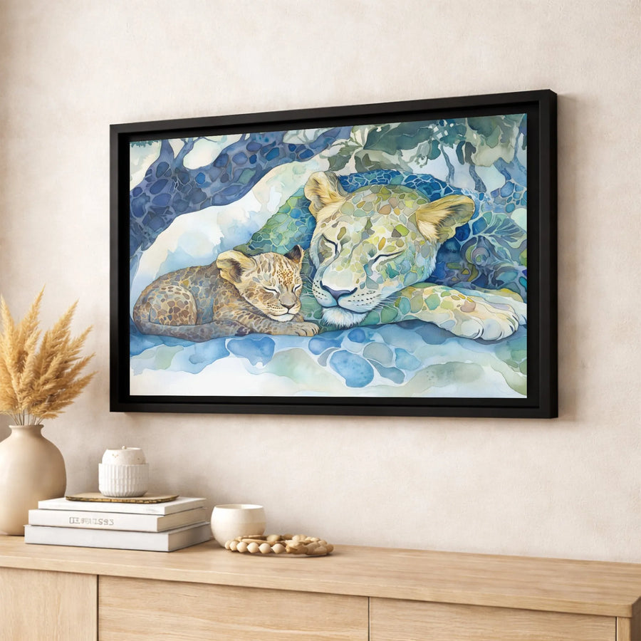 Sleeping Lioness and Cub Canvas Wall Art | Watercolor Mosaic Wildlife Print | Premium 1.25-Inch Gallery Wrap | Nursery and Home Decor Gift