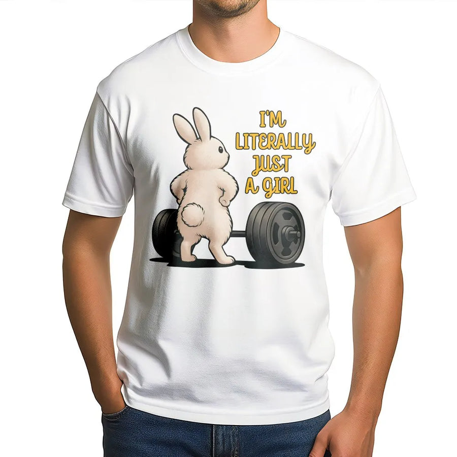 Funny Weightlifting Bunny T-Shirt | I'm Literally Just A Girl Meme Design | Cozy Cotton Blend | Workout Gift for Women