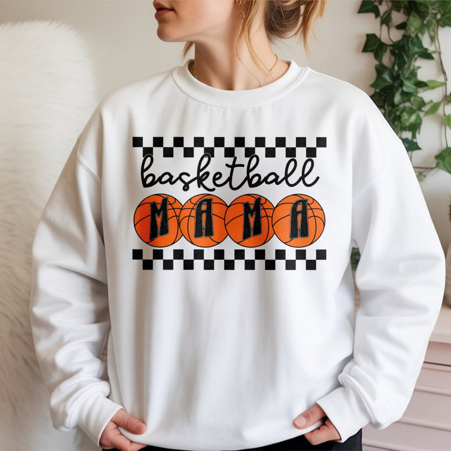 Basketball Mama Sweatshirt | Retro Checkerboard Game Day Graphic | Soft Cotton Blend Crewneck | Sport Mom Gift for Basketball Season