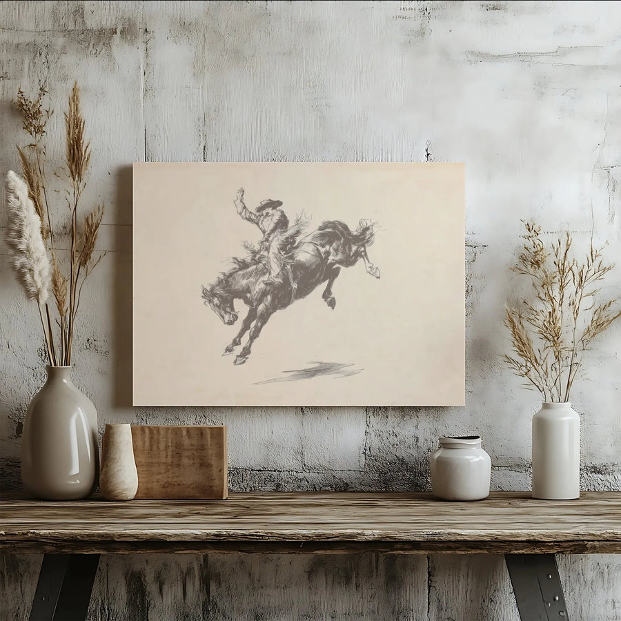 Western Cowboy Wall Art | Vintage Bucking Bronco Sketch | Premium Gallery Wrap Canvas | Rustic Home Office Decor Gift