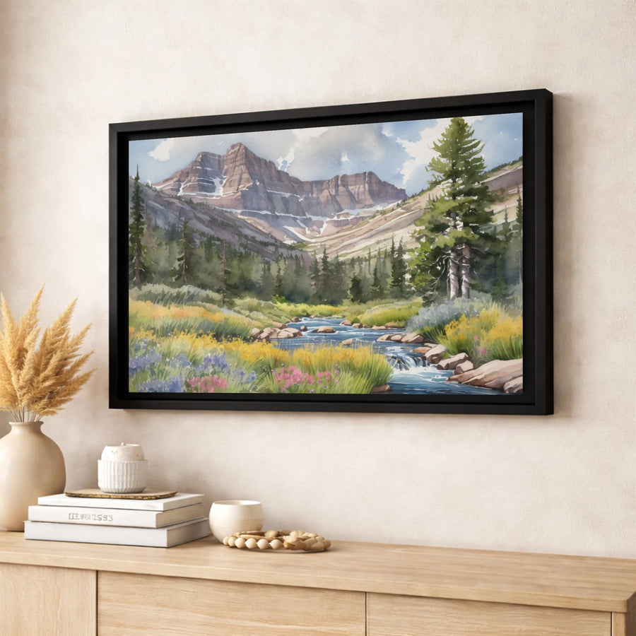 Watercolor Mountain Landscape Canvas | Scenic River and Wildflower Art | Premium 1.25" Gallery Wrap | Nature Home Decor Gift