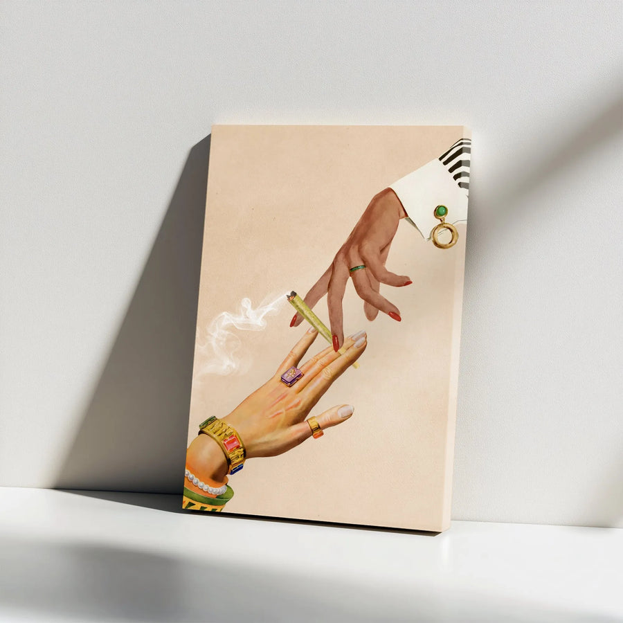 Surreal Collage Canvas Wall Art | Hands Passing Joint Retro Aesthetic | Premium Gallery Wrap Print | Edgy Home Decor For Stoner Aesthetic