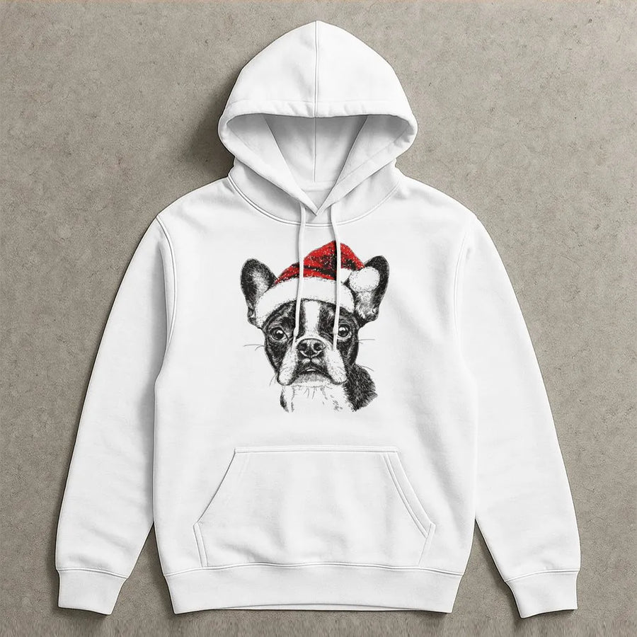 Boston Terrier Santa Hoodie | Cute Dog Christmas Graphic Design | Premium Cotton Blend | Holiday Gift for Dog Lovers & Pet Owners