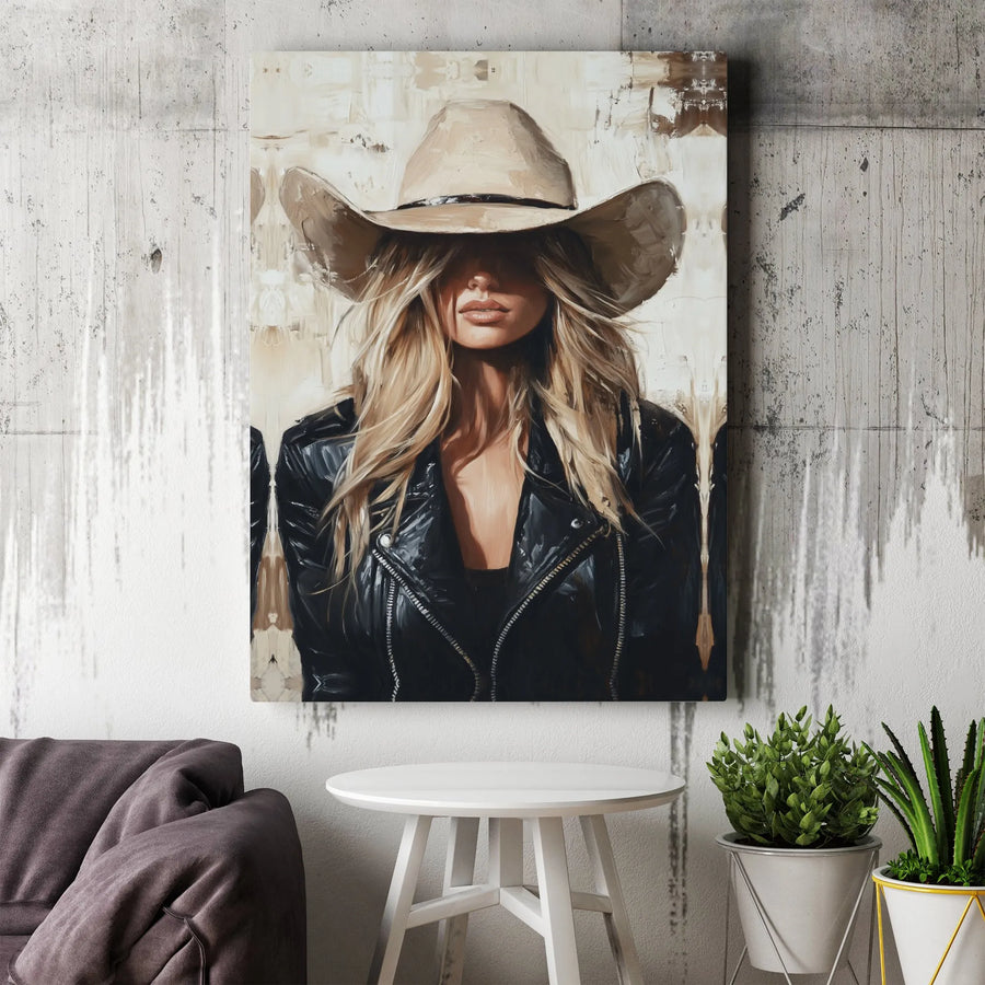 Modern Cowgirl Canvas Wall Art | Blonde Woman in Cowboy Hat Portrait | Premium Canvas Print | Gift for Western Decor Lover