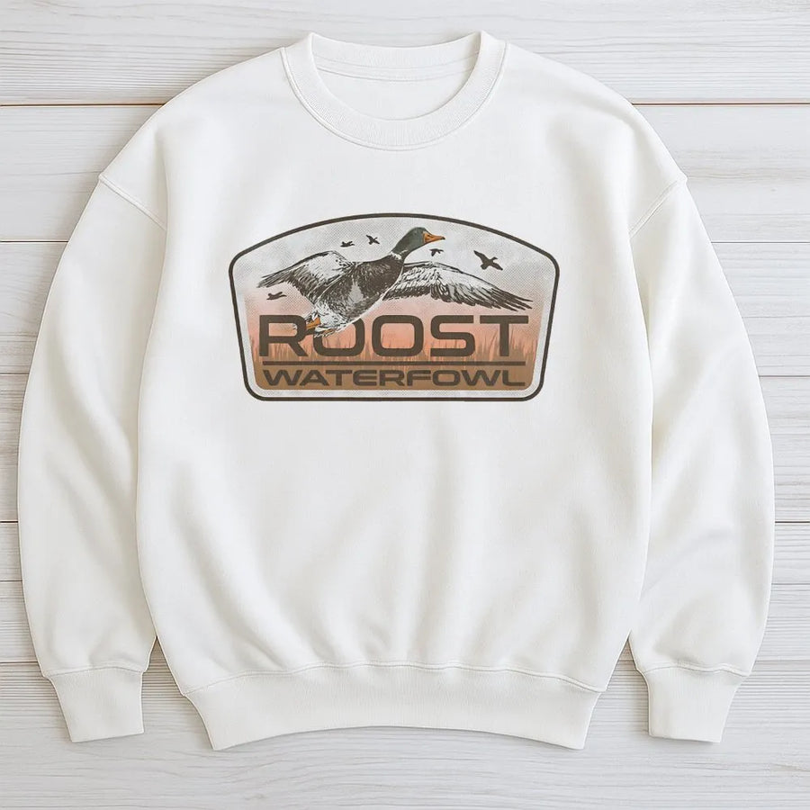 Roost Waterfowl Sweatshirt | Flying Duck Hunting Graphic | Cotton-Poly Blend | Premium Wildlife Gift for Outdoorsmen