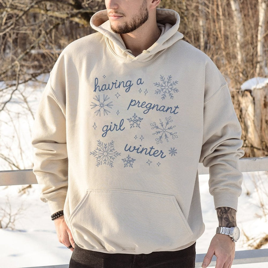 Having A Pregnant Girl Winter Hoodie | Snowflake Baby Gender Reveal Pullover | Cotton-Poly Blend Sweatshirt | Cute Maternity Gift for Mom-to-Be