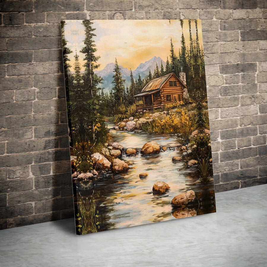 Rustic Log Cabin Canvas Wall Art | Oil Painting Style Forest River Print | Thick Gallery Wrap Canvas | Lodge & Cabin Decor Gift