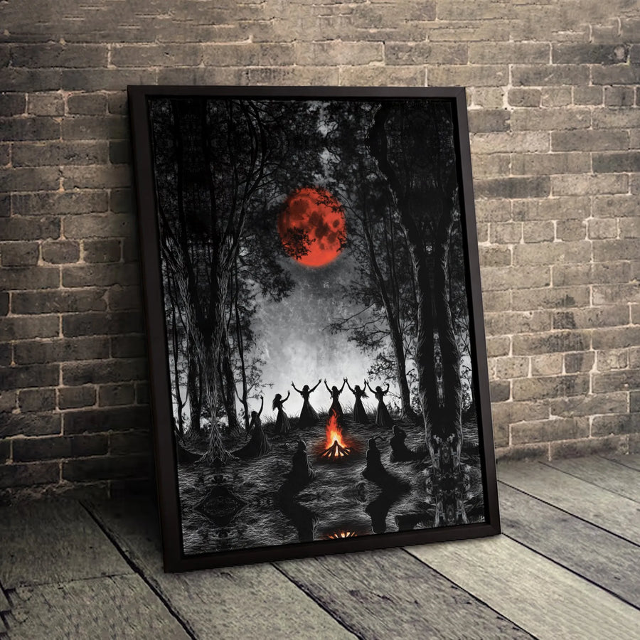 Witch Wall Art Canvas | Coven Dancing Around Bonfire Red Moon Decor | Gallery-Wrapped Premium Print | Gothic Home & Occult Decor Gift