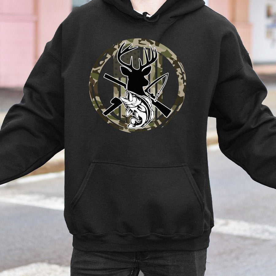 Hunting Camo Hoodie | American Flag Deer Antler Fish Graphic | Cotton-Poly Premium Blend | Gift for Outdoorsman Hunter Fisherman