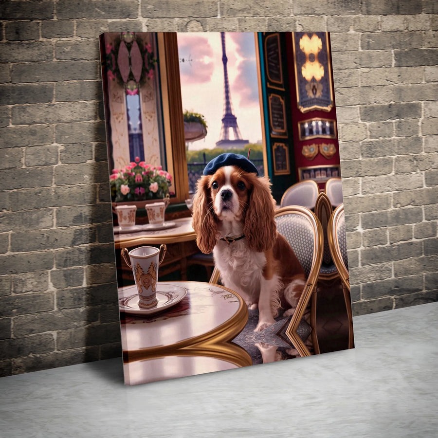 Cavalier King Charles Spaniel Wall Art | Paris Cafe Dog In Beret | Premium Gallery Wrapped Canvas | Chic Pet Lover Home Decor Gift