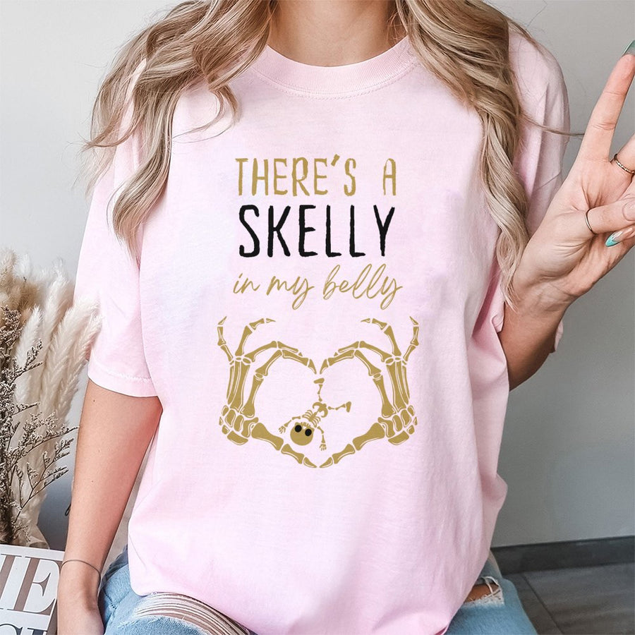 There's A Skelly In My Belly T-Shirt | Halloween Pregnancy Announcement | Soft Cotton Graphic Tee | Spooky Mom Gift For Expecting Parents