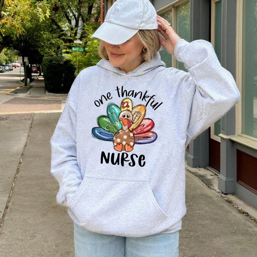 One Thankful Nurse Hoodie | Thanksgiving Medical Turkey Design | Premium Cotton Blend | Nursing Student Gift for Fall Holiday Season