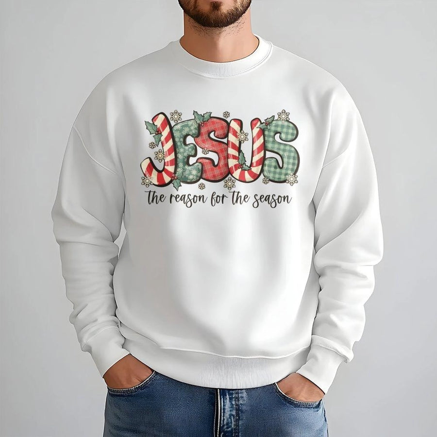 Jesus The Reason For The Season Sweatshirt | Plaid Candy Cane Religious Holiday Design | Premium Cotton-Poly Blend | Christian Christmas Gift For Men Women