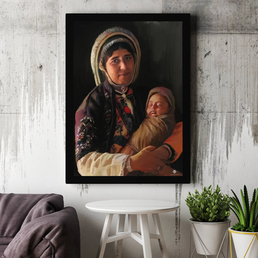 Cultural Mother and Child Canvas Art | Realistic Oil Painting Style Portrait | Premium Gallery Quality Print | Collector's Home Decor Gift