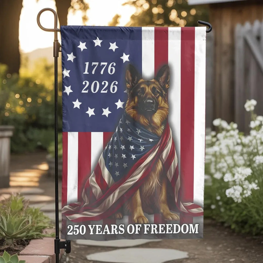 Patriotic German Shepherd Garden Flag | 250 Years of Freedom 1776-2026 US Semiquincentennial Double Sided | Weatherproof Polyester | American Dog Lover Gift