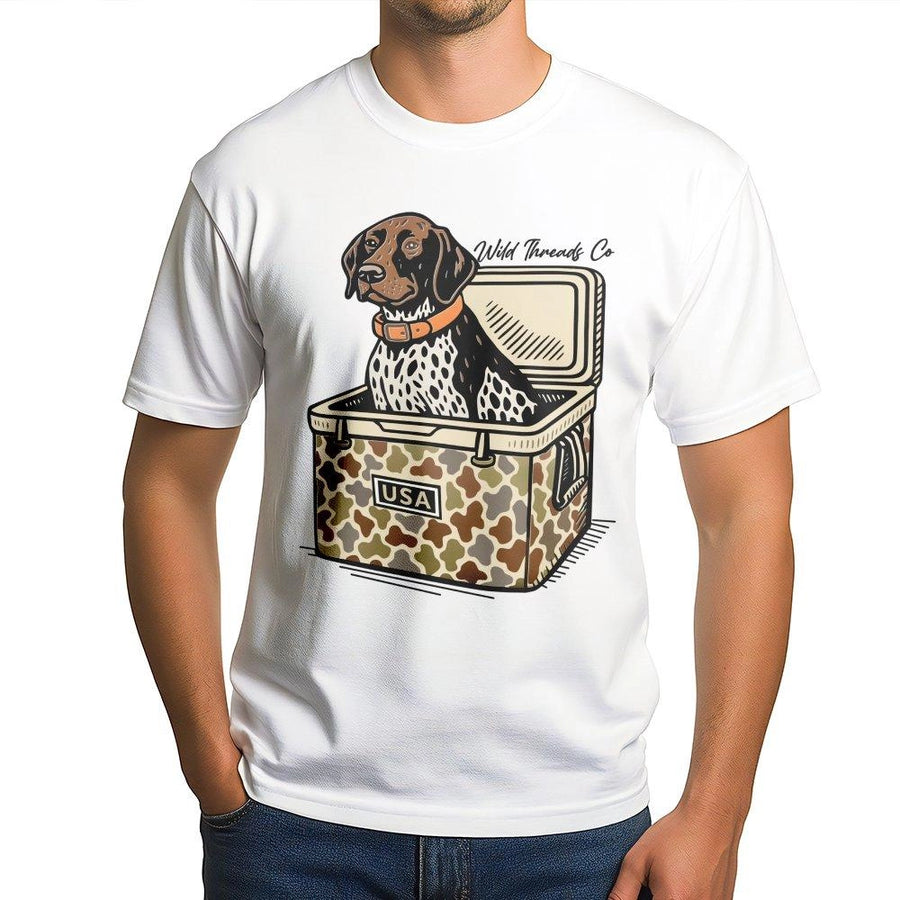 Hunting Dog Cooler T-Shirt | Camo Print Pointer Graphic | Premium Cotton Unisex Tee | Gift for Outdoorsman and Country Boy