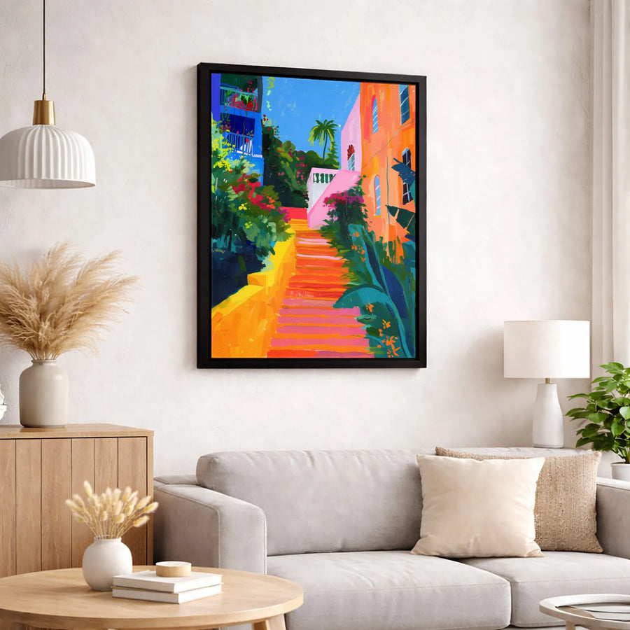 Tropical Street Canvas Print | Vibrant Mediterranean Staircase Art | Gallery Quality Fade-Resistant | Bohemian Home Decor Gift