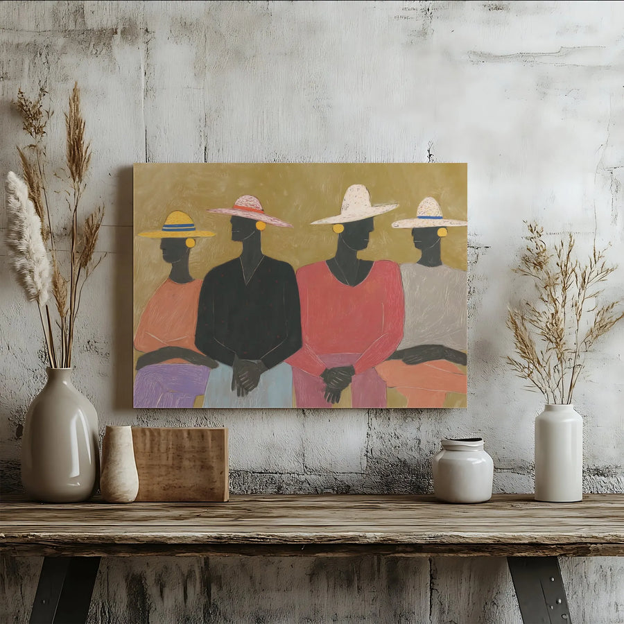 Abstract African American Wall Art | Four Women In Colorful Hats Portrait | Premium Gallery Wrap Canvas | Modern Afrocentric Home Decor Gift