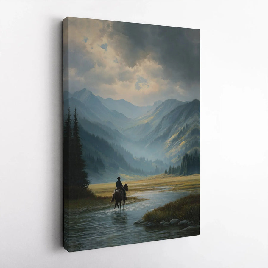 Western Cowboy Wall Art | Moody Mountain River Landscape | Premium Gallery-Wrapped Canvas | Rustic Decor for Home or Office