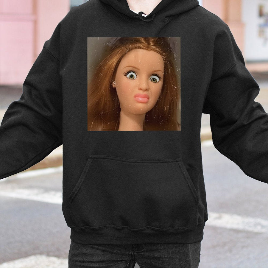 Shocked Doll Meme Hoodie | Funny Sarcastic Graphic Pullover | Soft Cotton-Blend Streetwear | Unique Gift for Humor Lovers