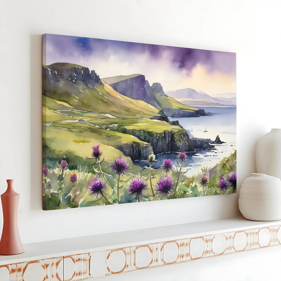 Scottish Highland Canvas Art | Watercolor Coastal Landscape with Thistles | Premium Gallery Quality Print | Living Room Wall Decor