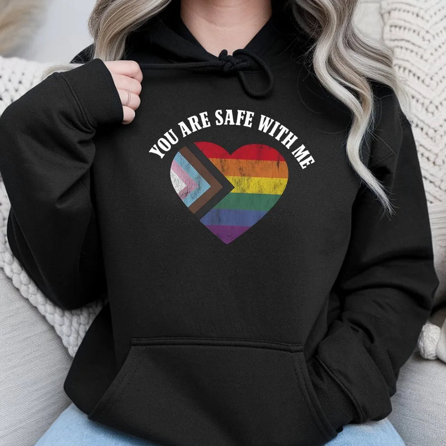 You Are Safe With Me LGBTQ Pride Hoodie | Progress Heart Equality Design | Premium Cotton Blend | Gift For Activist Ally LGBTQ+ Support Apparel