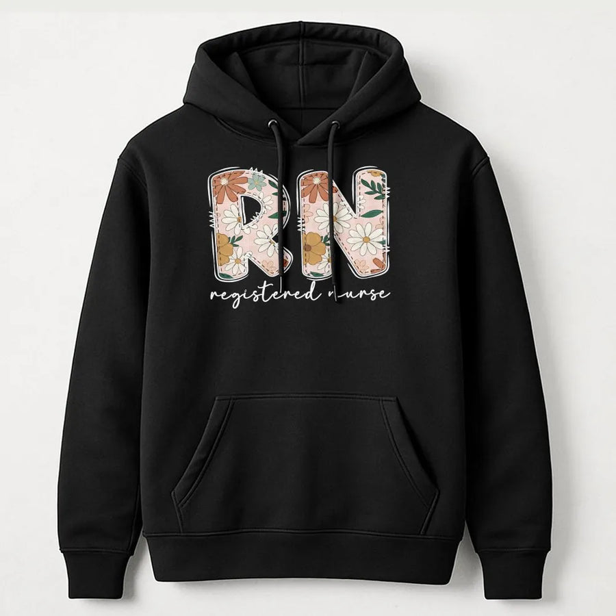 RN Registered Nurse Hoodie | Floral Lettering Graphic Design | Soft Cotton-Polyester Blend | Perfect Nursing Graduation Gift for Her or Him