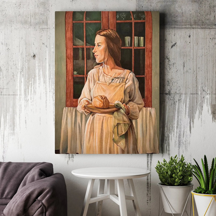 Farmhouse Kitchen Wall Art | Vintage Painting of Woman Baking Bread | Premium Canvas Print | Gift for Baker & Rustic Cottagecore Home Decor