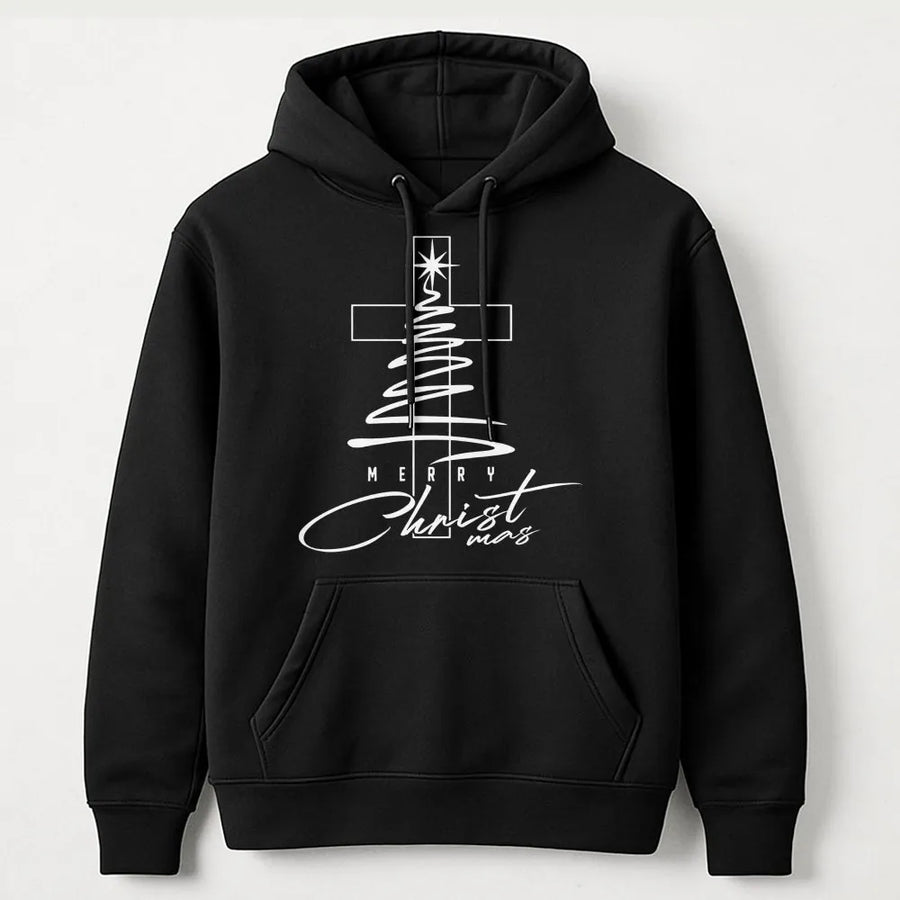 Merry Christmas Cross Hoodie | Christian Tree Religious Graphic Design | Premium Soft Unisex Pullover | Faithful Holiday Gift for Women and Men